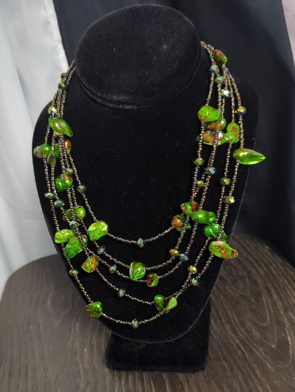 Source Unknown Green and Gold Multi-Strand Glass Bead Necklace